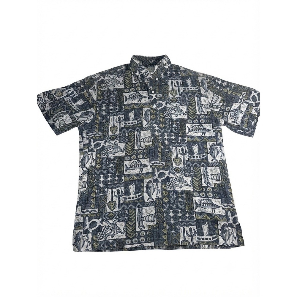 Men's Large Makapuu Sportswear Hawaiian Shirt Made in Hawaii Fishing Print Aloha